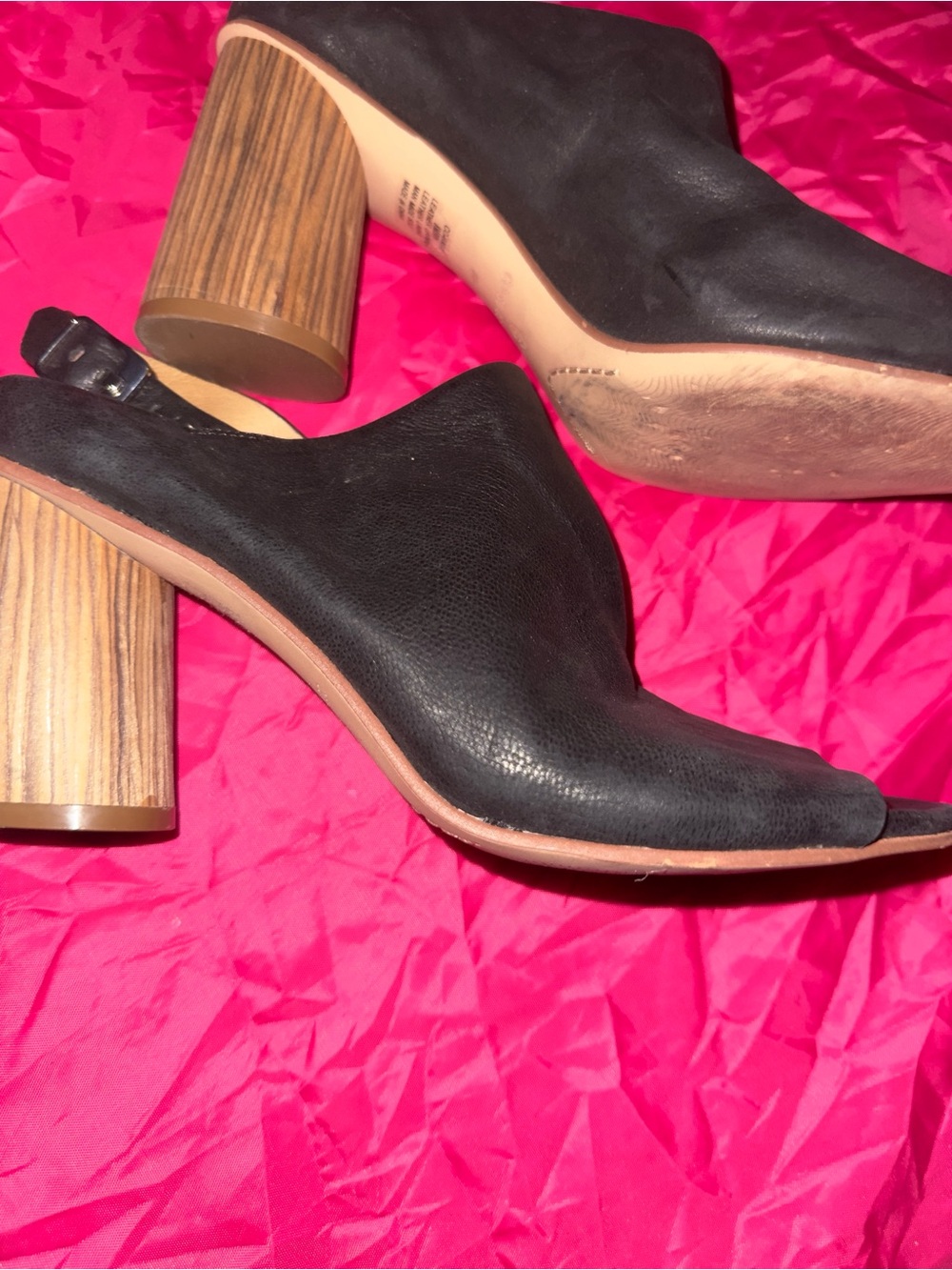 Corso Como Black Leather Open-Toe Block Heel Mules with Wood-Effect Heel